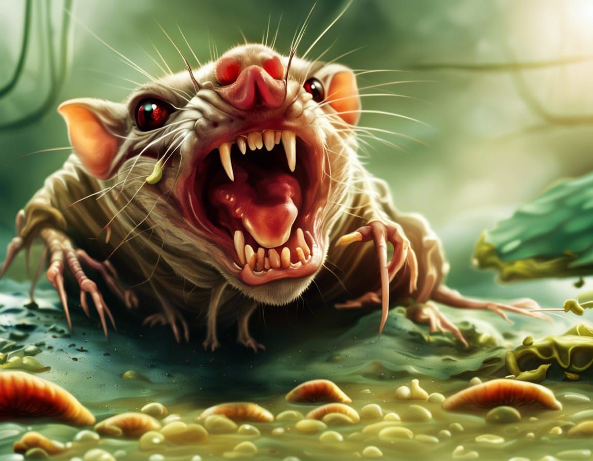 Horror Mutant Rat with Worms and Exposed Bones