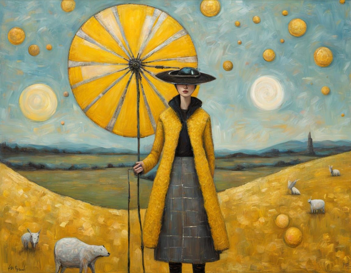 Whimsical Rebel Portrait in Sun-Drenched Gold Landscape