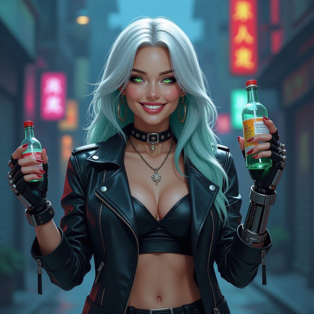 Cyberpunk Woman with Bionic Arm in Neon City