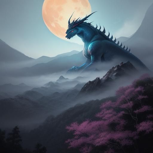 Mythical Dragon Soaring in Ukiyo-e Landscape