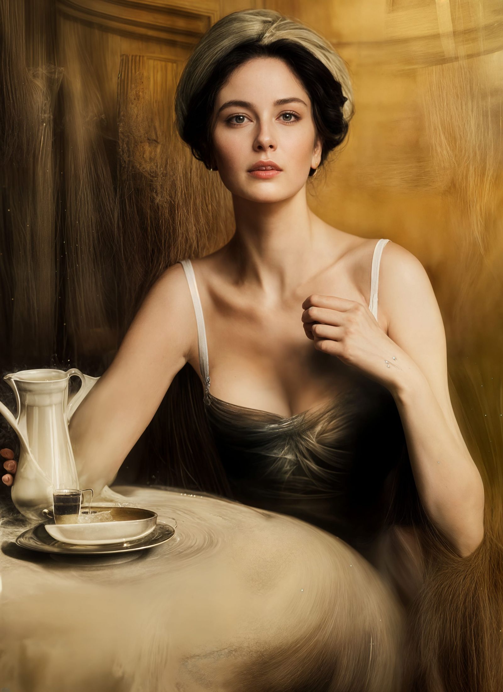 Beautiful Woman in Cafe: Photorealistic Portrait