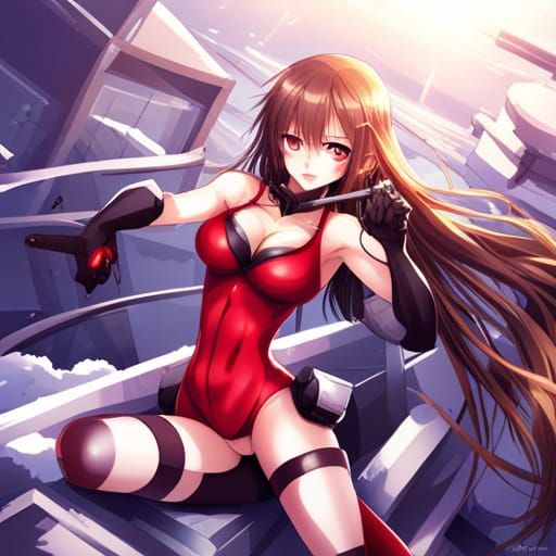 Anime Girl in Red Bodysuit with Guns