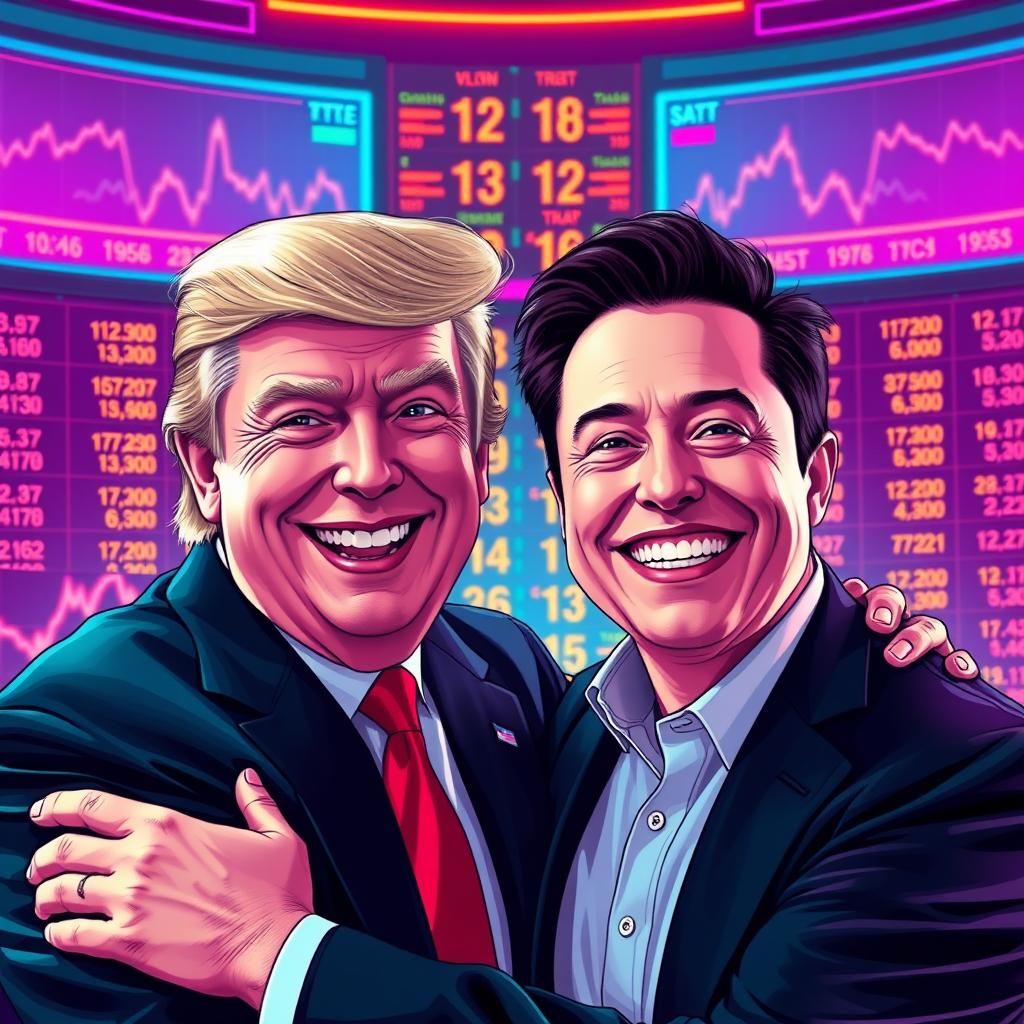 Trump and Musk Embrace in Retro Pop Art Style