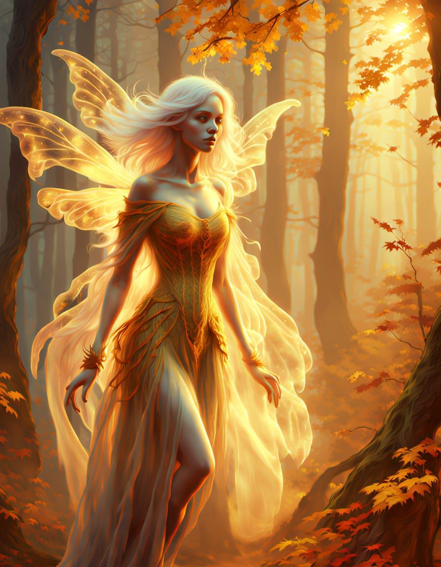 Ethereal Fairy Ghost in Golden Hour Autumn Forest