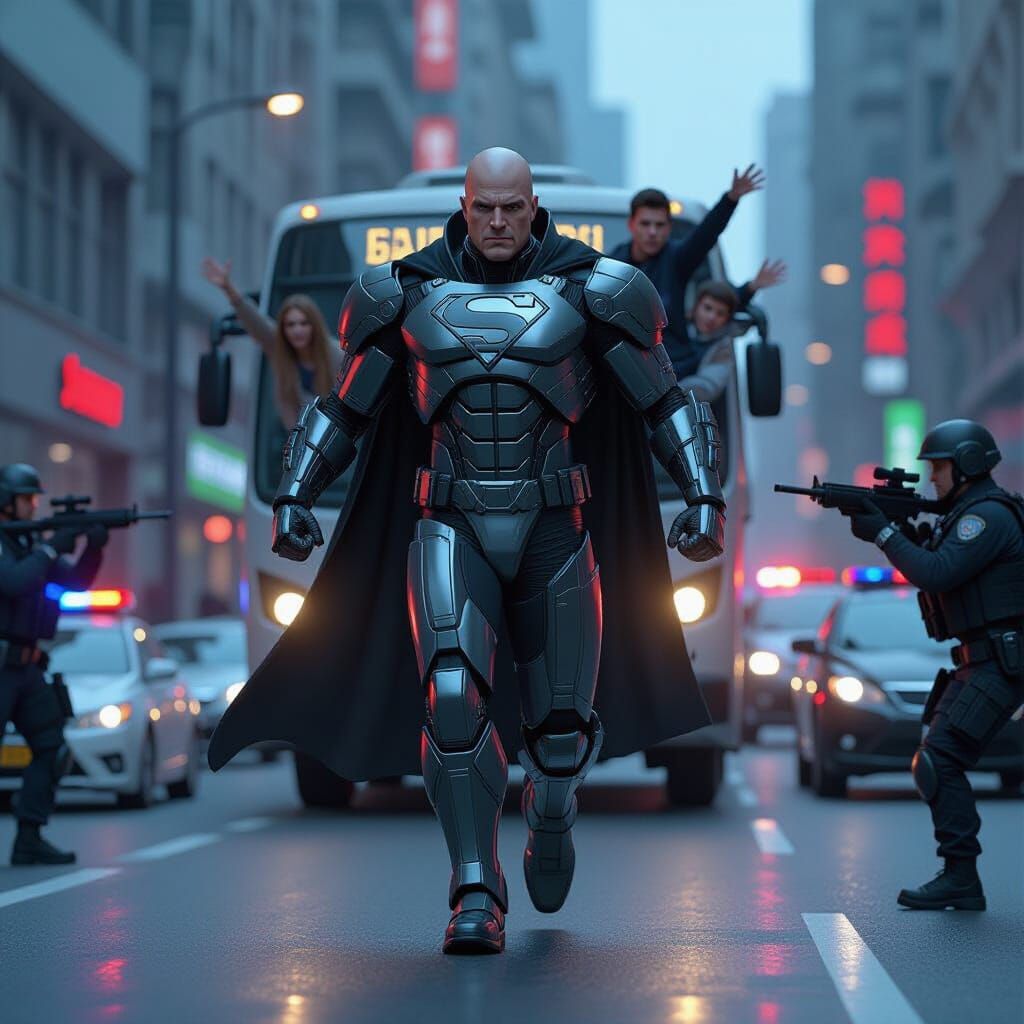 Armored Lex Luthor Lifts Bus in Futuristic City