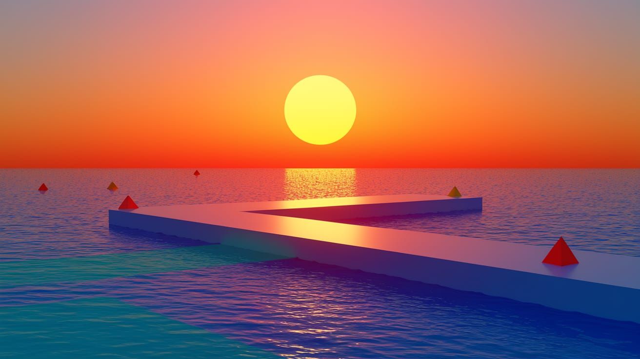 Geometric Sunrise Over Ocean in De Stijl Style