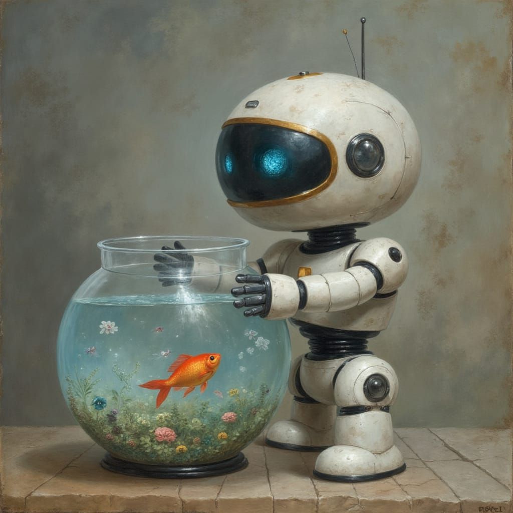 Cute Robot Holding a Fishbowl