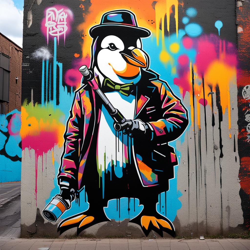 Penguin Gangster in Graffiti Street Art Style