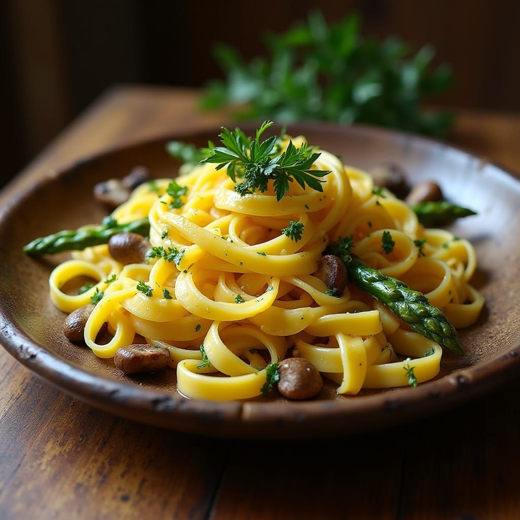 Golden-Hued Fettuccine Pasta on a Rustic Wooden Plate