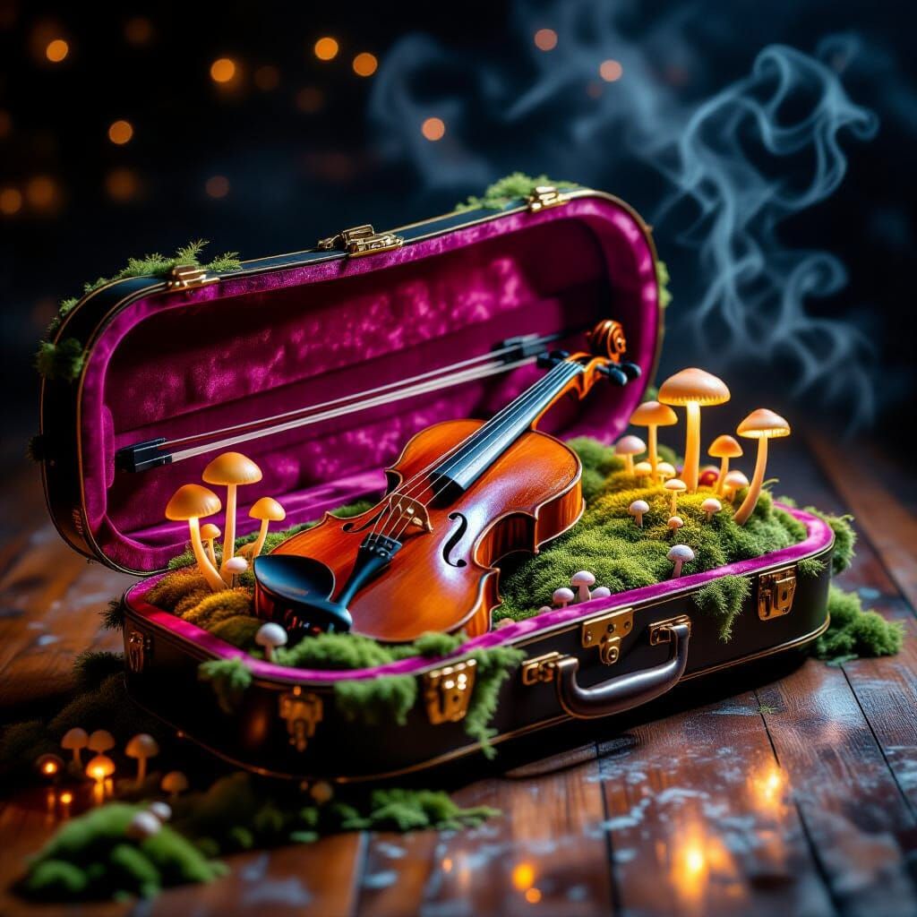 Magical Violin Box with Glowing Mushrooms on Wooden Floor
