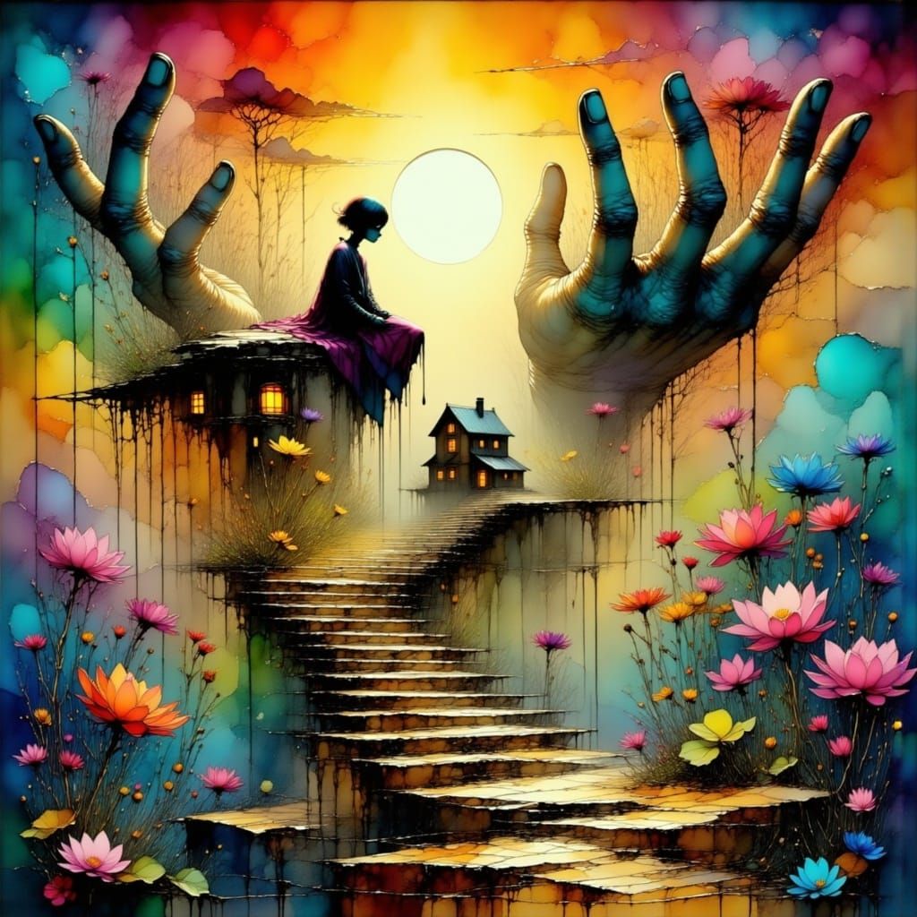 Surreal Stairway to Floating House in Colorful Clouds