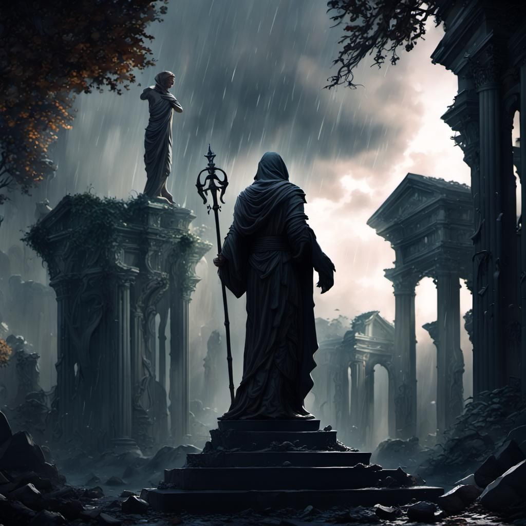 Roman Statue: Grim reaper in a layered silhouette in backround, thick volumetric fog, Ancient Roman ruins cemetery,...