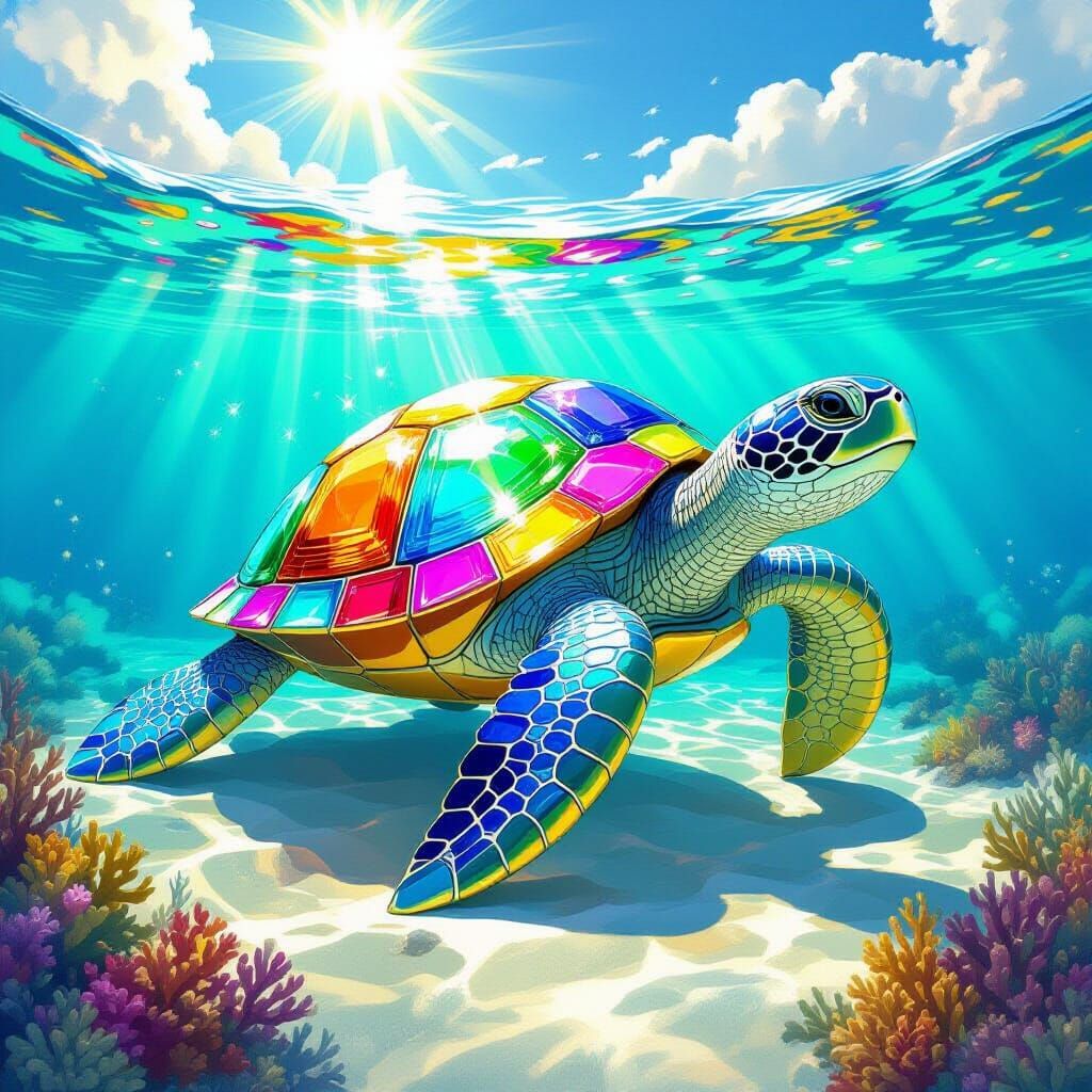 Gemstone Turtle Emerges from Turquoise Ocean