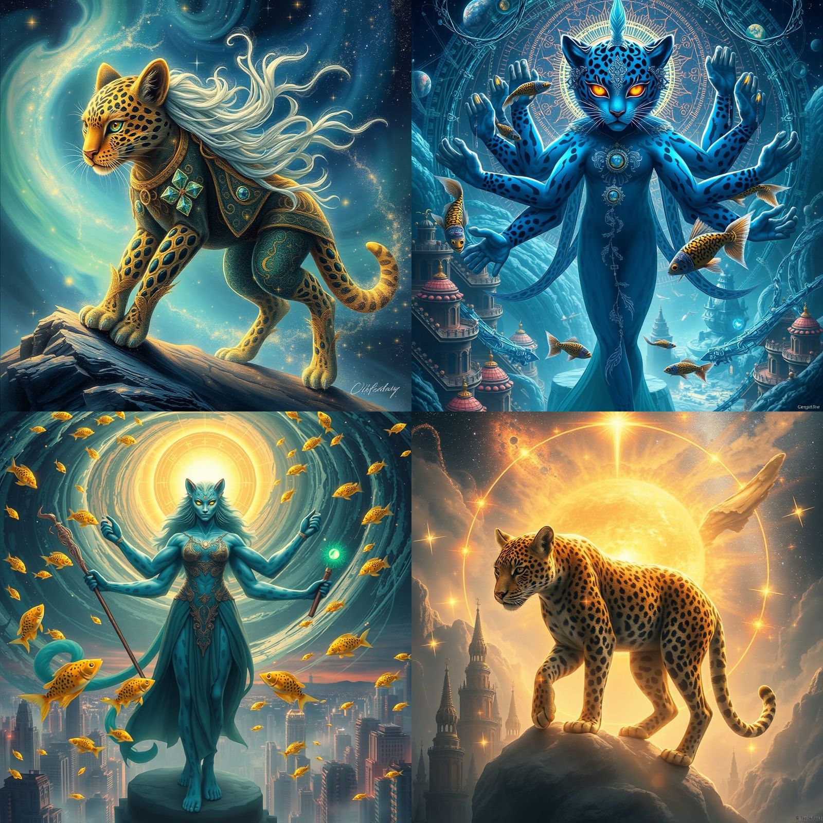 Surreal Six-Armed Woman in Teal Fibonacci Spirals