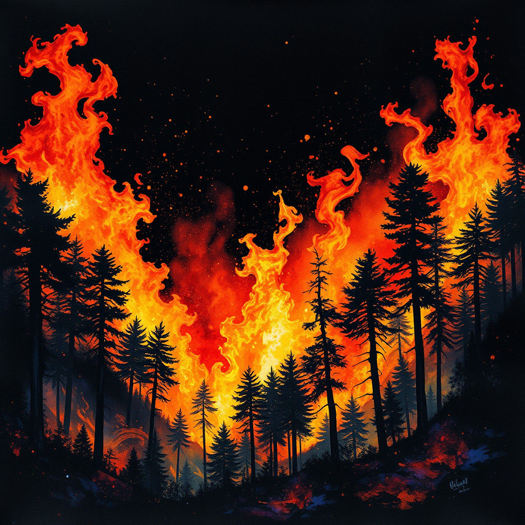 Vibrant Forest Fire in Ink and Watercolor Style