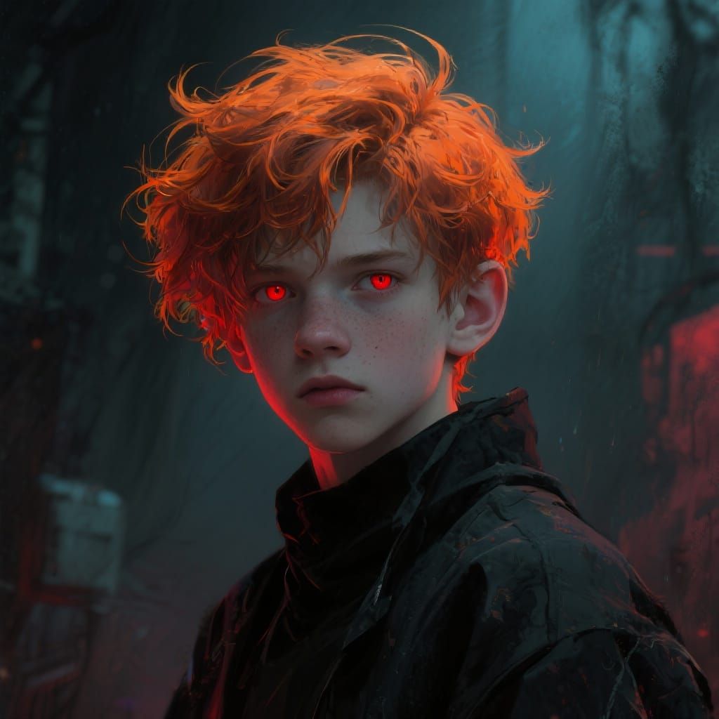 Fiery Haired Youth with Red Eyes: Digital Art Portrait