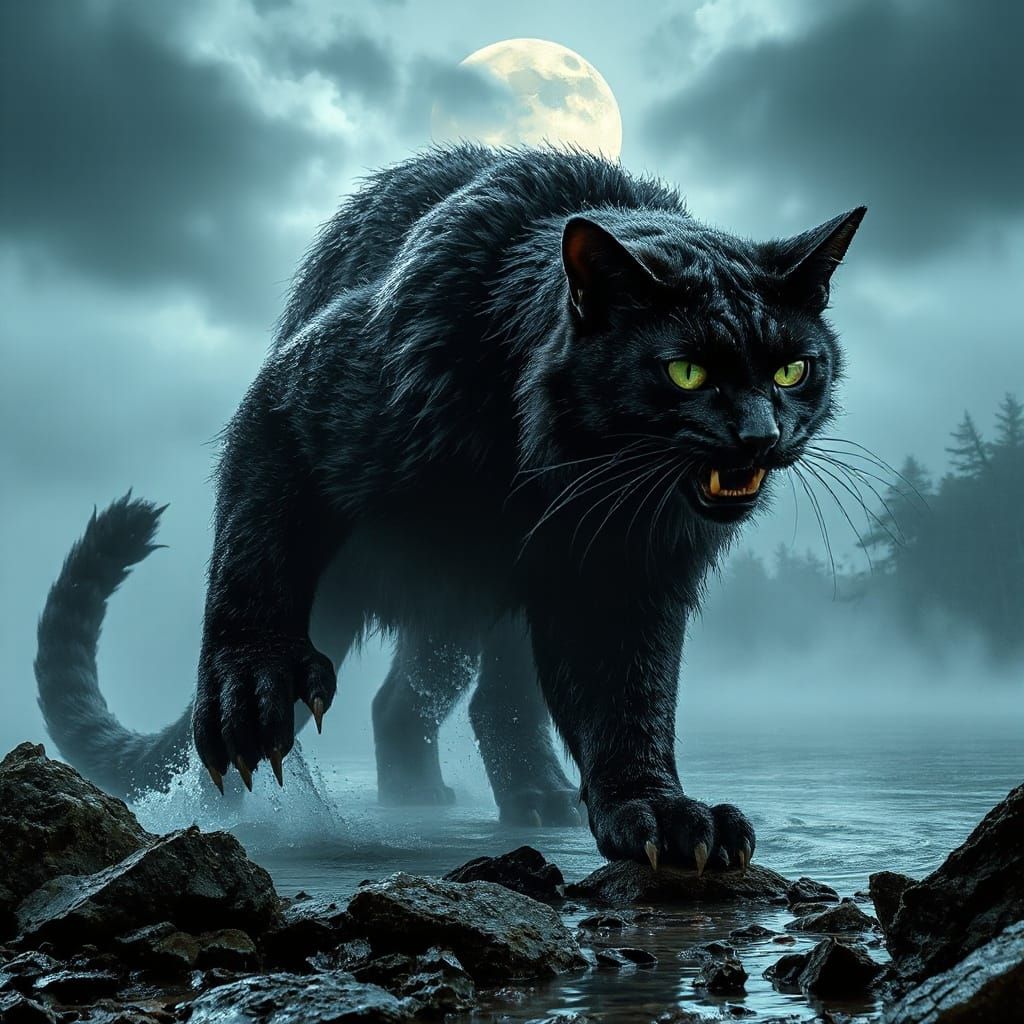 Fierce Black Cat Rises From Misty Lake Under Moonlight
