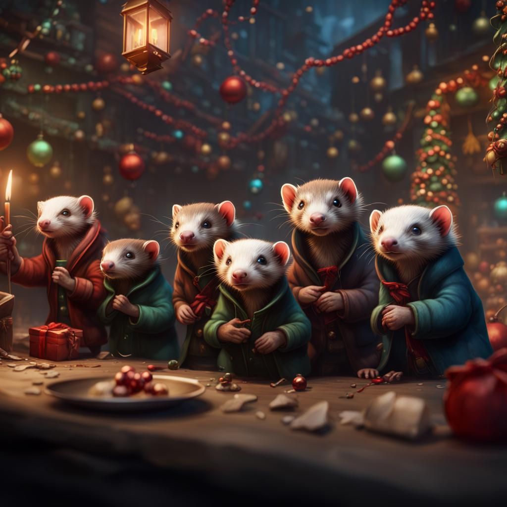 Ferrets Celebrate Festivus in Detailed Matte Painting