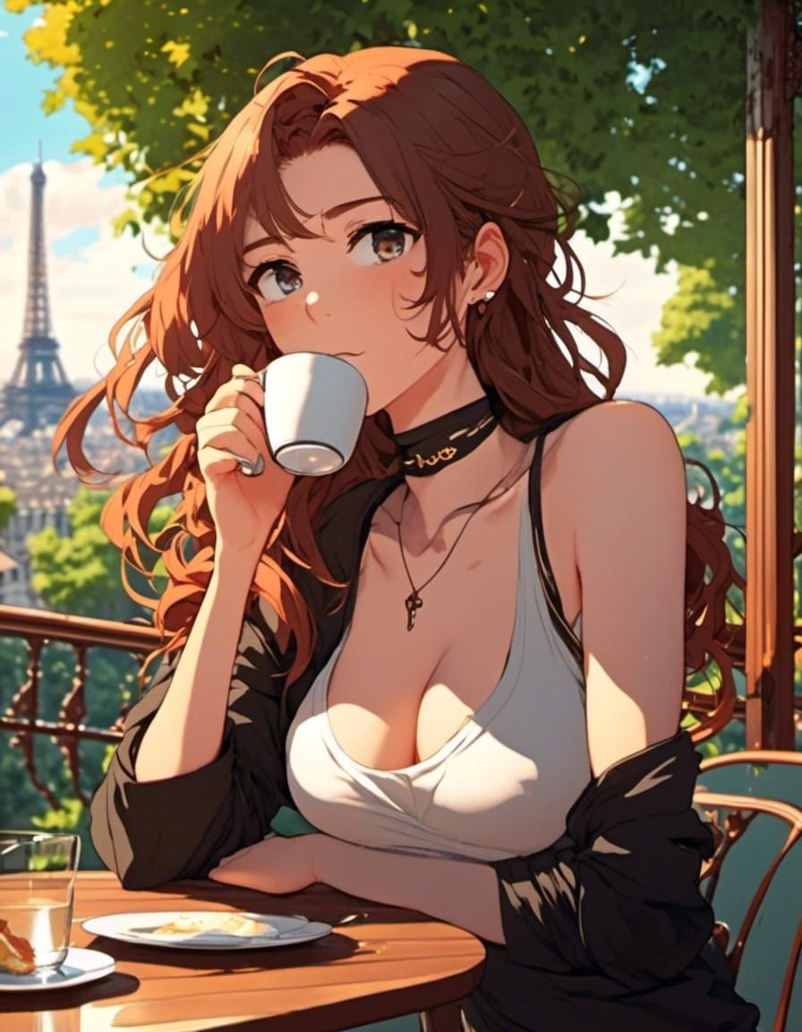 Parisian Bliss: Curvy Woman Enjoying Espresso, Anime Style