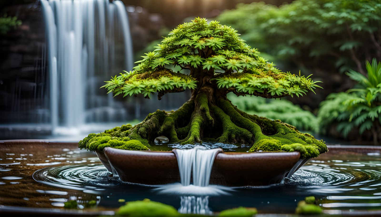 A Hybrid Bonsai/Sensimilla Cannabis Plant In a Water Fountain Waterfall (Continued)