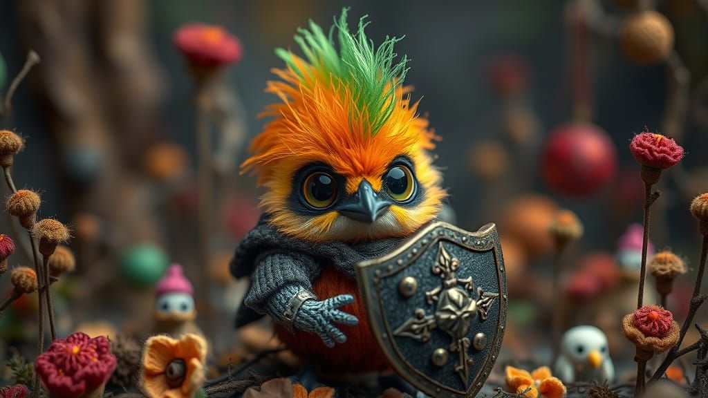 Chibi Bird Knight in Whimsical Fairytale Scene