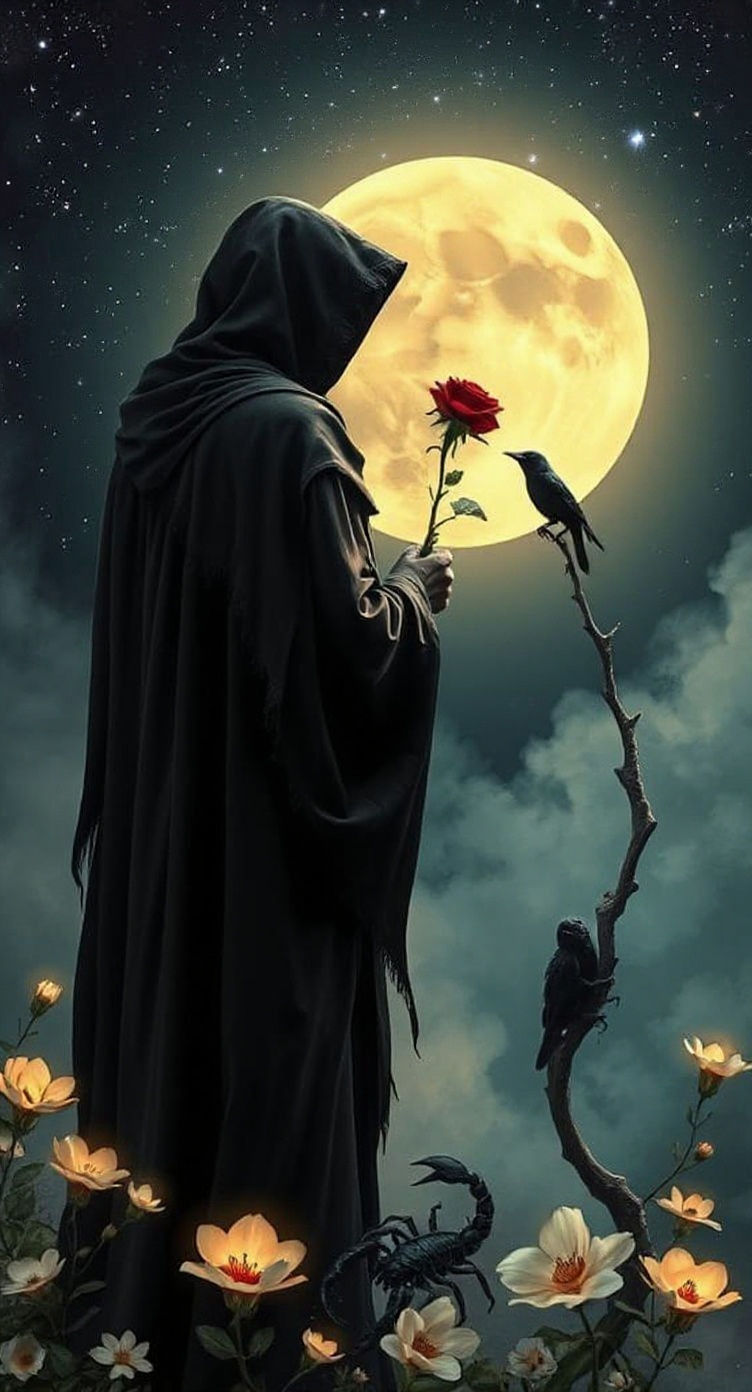 Ethereal Shadow Figure with Rose in Dark Fantasy Style