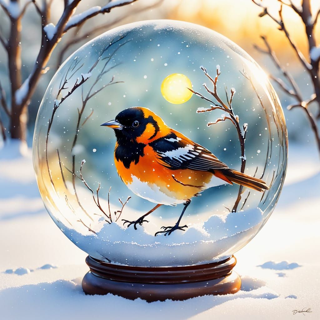 Oriole Bird in Snowy Glass Ball, Watercolor Sketch