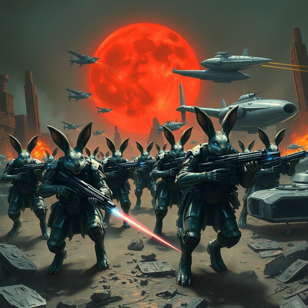 Rabbit Soldiers Clash with Feline-Wolf Alliance in Cyberpunk...