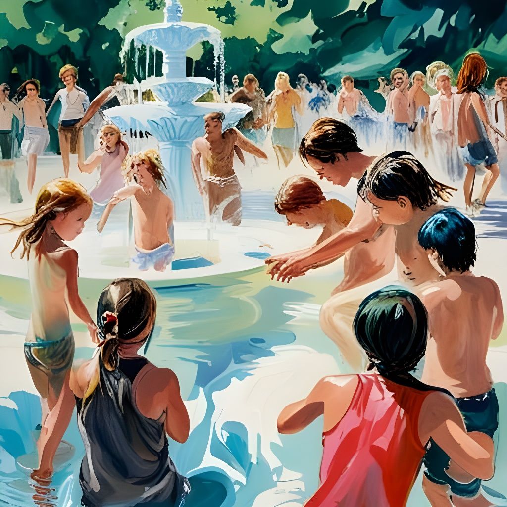 Children's Joyful Play in Park Fountain