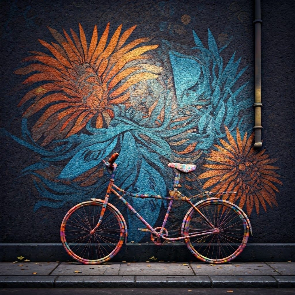 Vibrant Street Mural with Camouflaged Bicycle