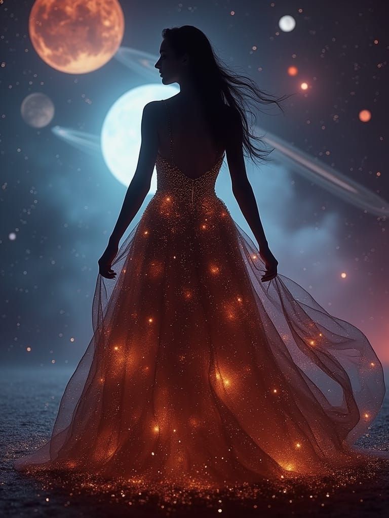 Cosmic Queen: Woman in Planet-Adorned Stardust Dress