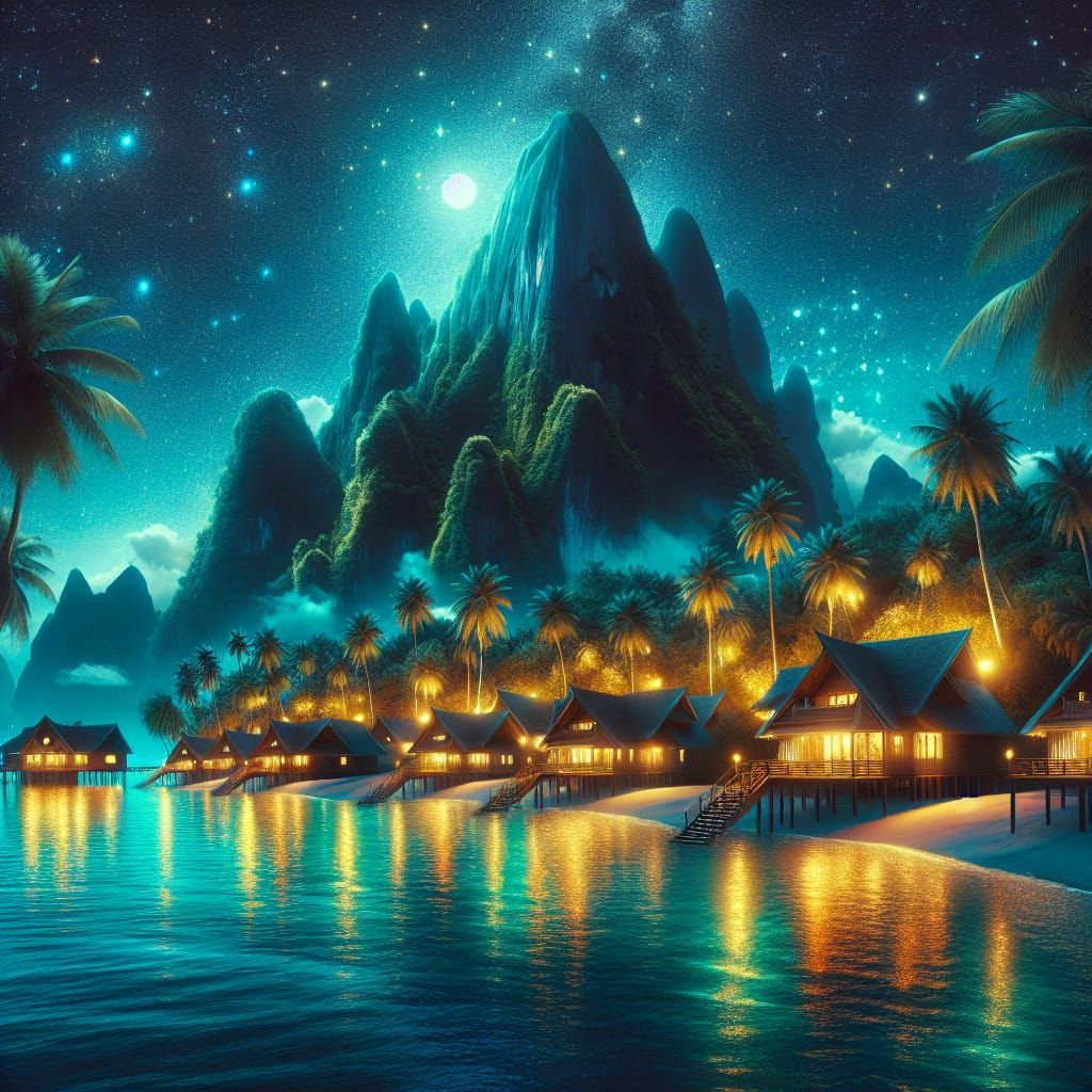 Glowing Tropical Seaside Village at Night