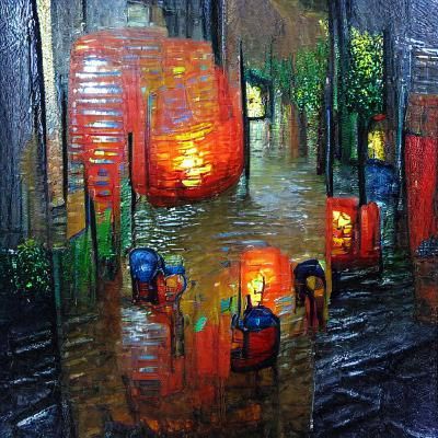 Rainy Night Alleyway in Neo-Impressionist Style