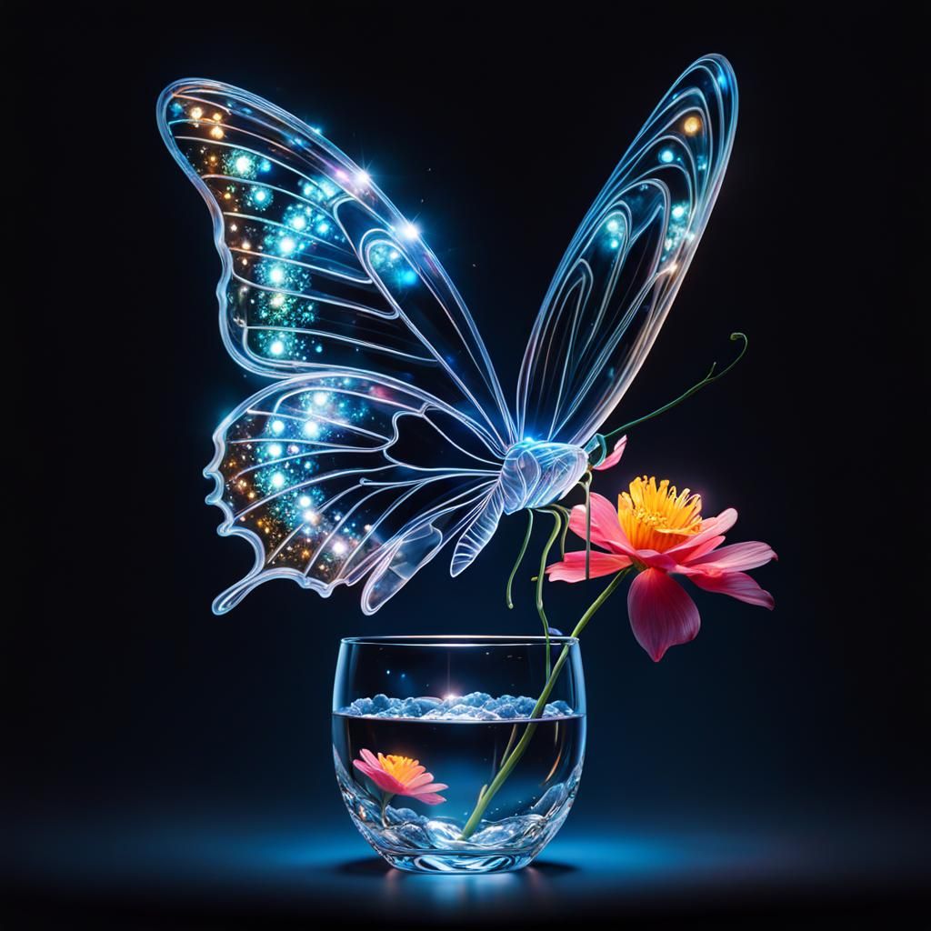 Crystal Butterfly Sipping From Glass Flower, Hyperrealistic