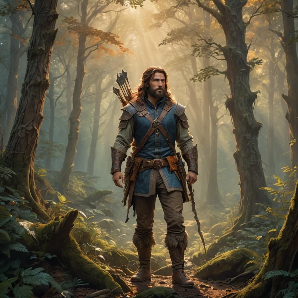 Human ranger. Long brown hair and beard with brown eyes.