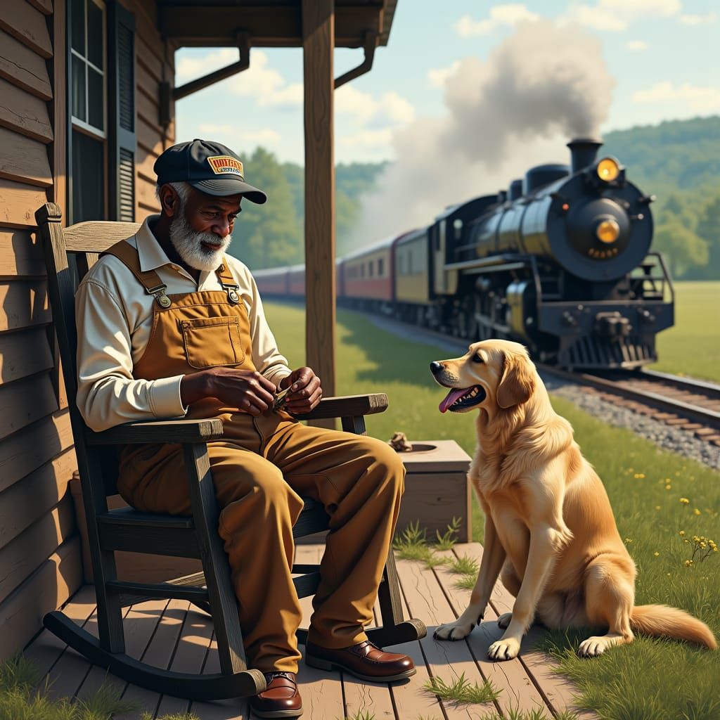 Gentleman Whittling on Porch with Locomotive in Kentucky Cou...