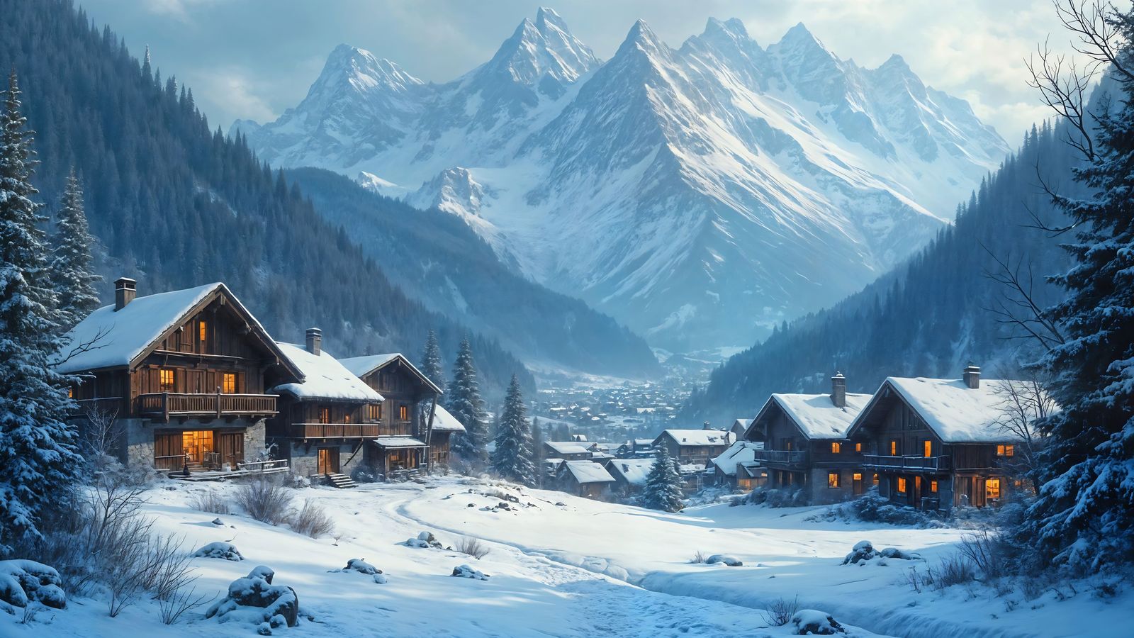 Cozy Swiss Village in Dark Fantasy Style