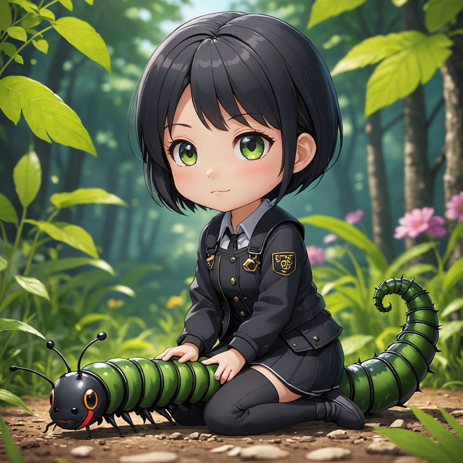 Anime Chibi Girl Petting a Caterpillar