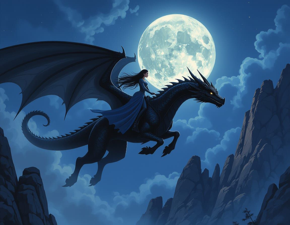 Dragon Rider Soaring to Ominous Mountain Cave