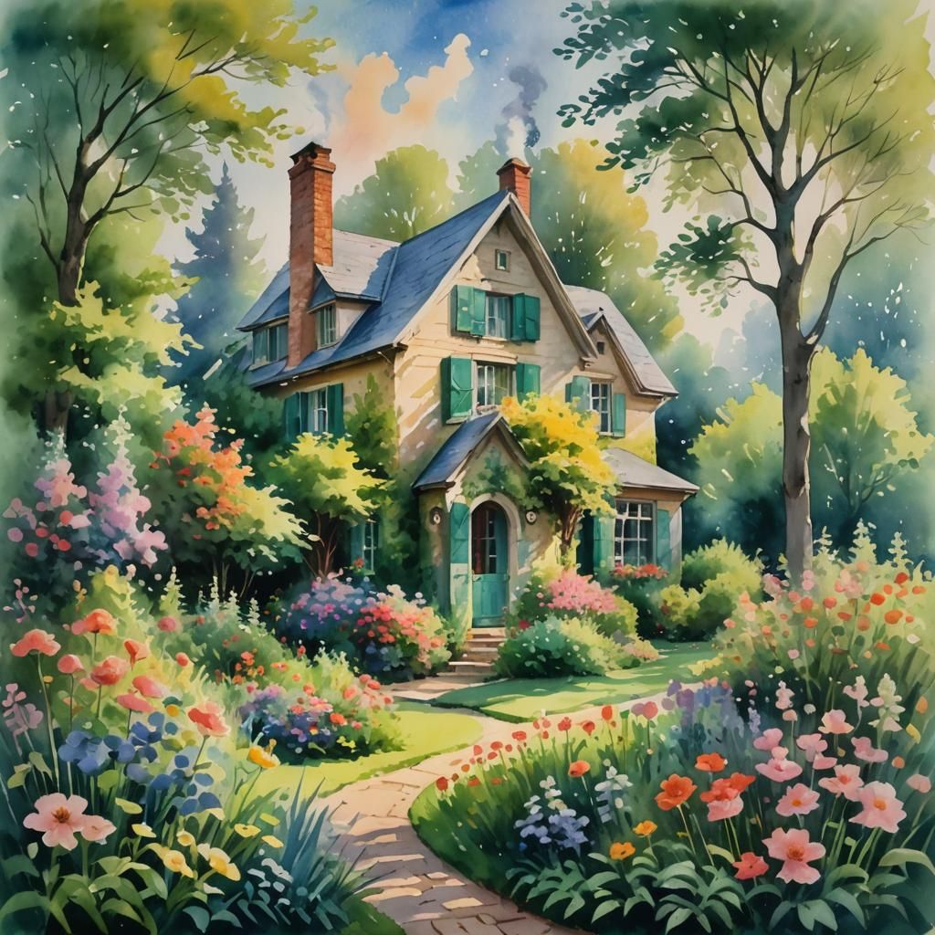 Cozy House and Garden in Impressionist Watercolor