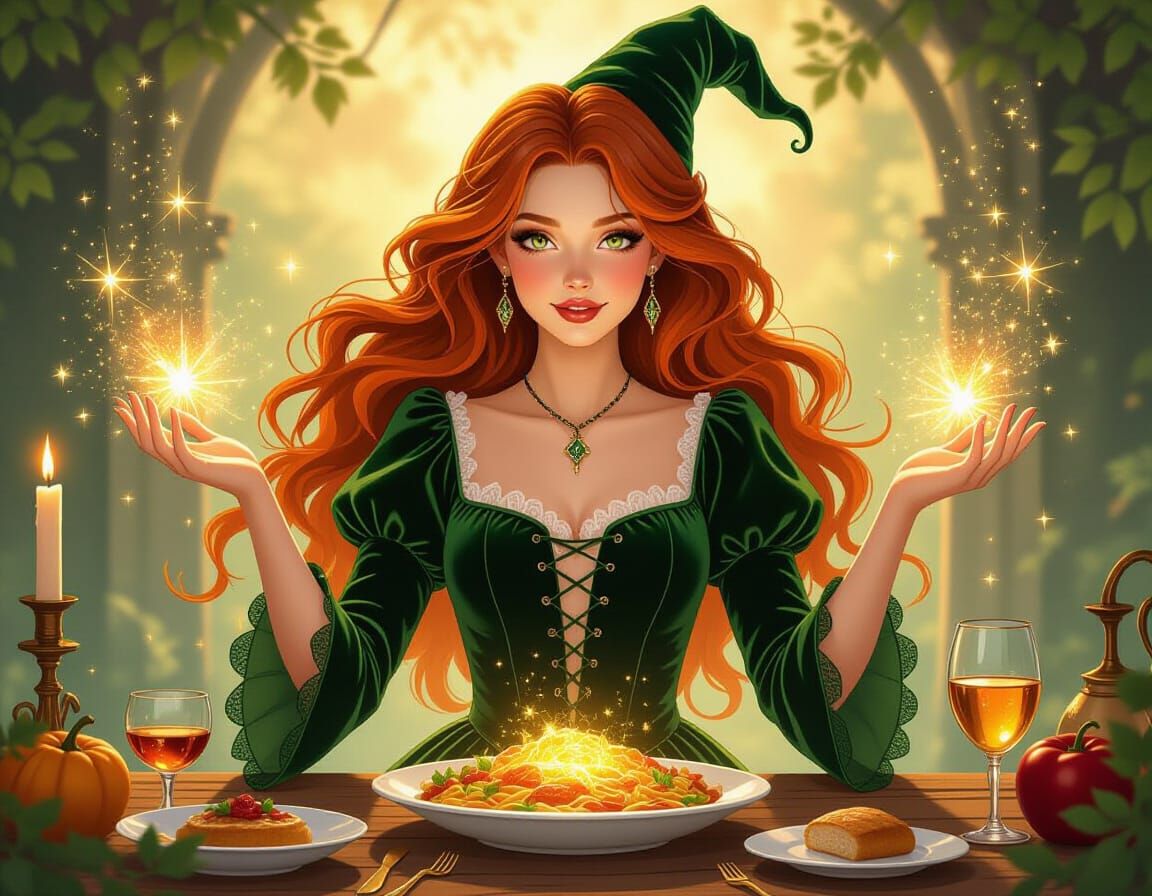 A witch conjuring up a meal