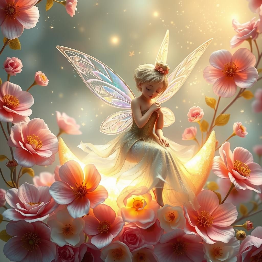 Tinkerbell on a Blooming Moon in Ethereal Style