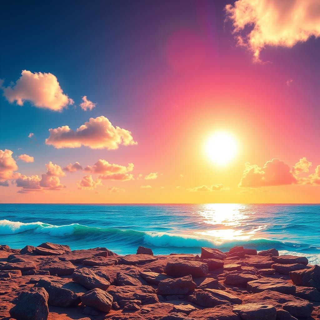 Psychedelic Sunny Landscape with Glowing Ocean