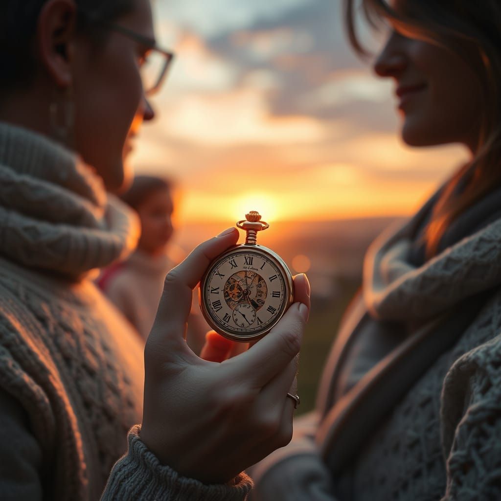 Woman Cherishes Time with Loved Ones in a Sunset Landscape