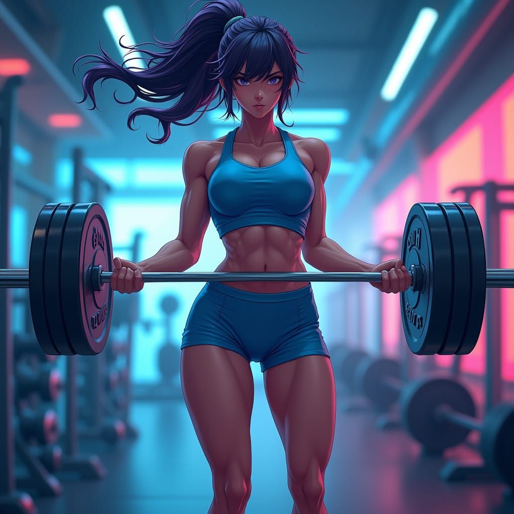 Athletic Anime Goddess Lifts Heavy Barbell in Futuristic Gym