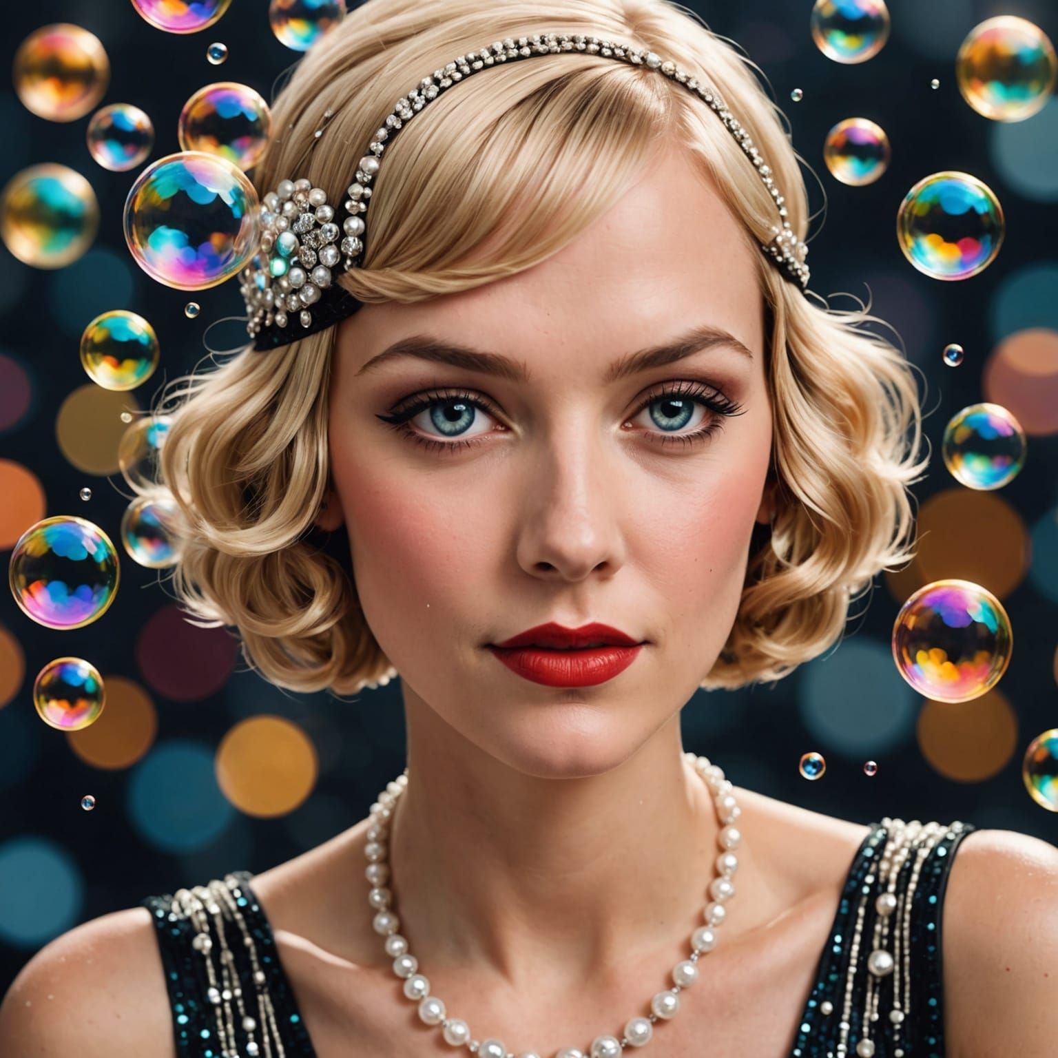 1920s Flapper Surrounded by Bubbles in Soft Focus