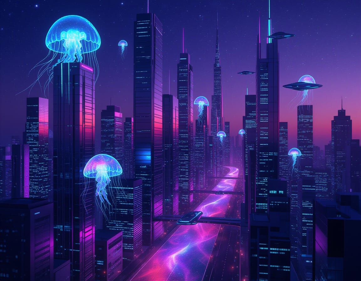 Futuristic Chrome City with Nebula Streets & Jellyfish Vehic...