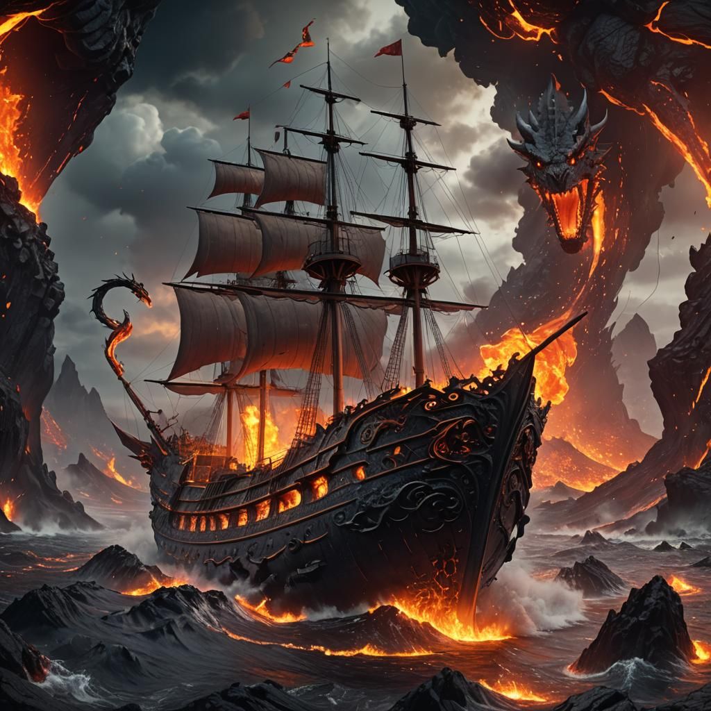 Lava Ship Pulled by Armored Dragons
