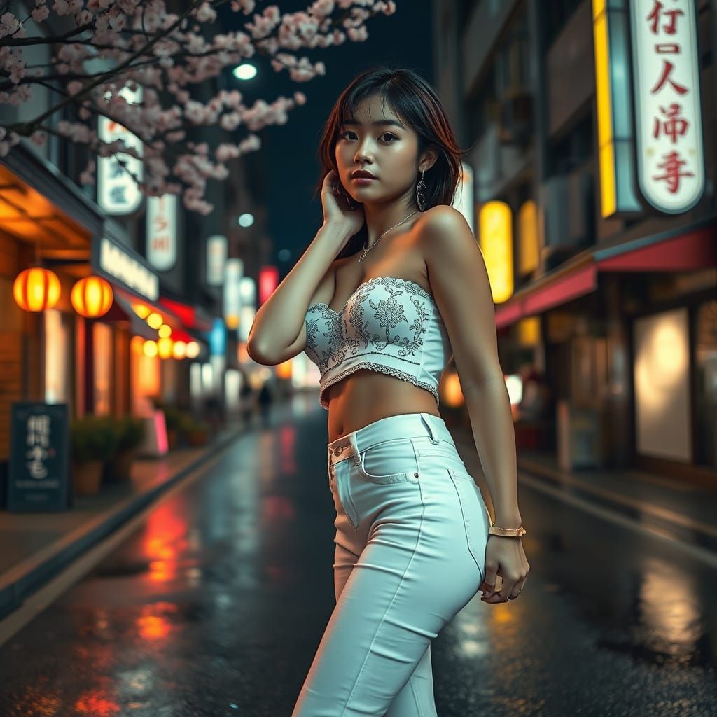 Elegant Woman on Tokyo Street with Cherry Blossoms