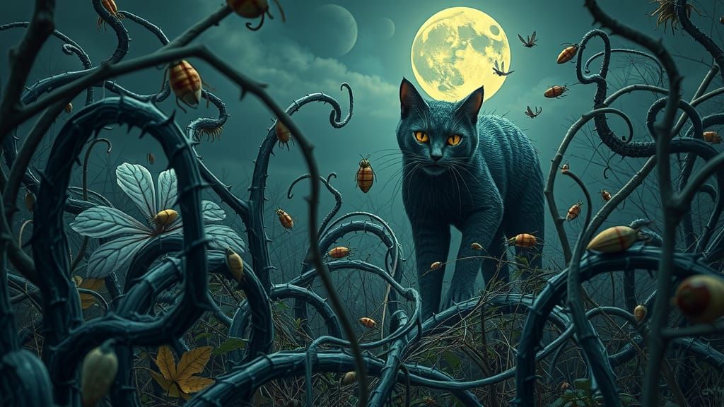 Surreal Moonlit Garden with Giant Cat and Twisted Flora